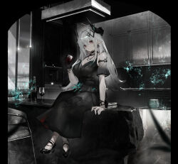  absurdres arknights bare_shoulders black_choker black_dress black_footwear black_gloves black_sleeves bottle breasts ceiling_light chair choker cleavage closed_mouth commentary_request cup demon_horns detached_sleeves drawer dress drinking_glass earrings female flower full_body gloves gradient_hair green_flower grey_hair high_heels highres holding holding_cup horns indoors jewelry long_hair looking_at_viewer misumigumi mudrock_(arknights) mudrock_(obsidian)_(arknights) multicolored_hair necklace official_alternate_costume on_table pillarboxed pointy_ears red_eyes single_glove sitting sleeveless sleeveless_dress solo table window wine_glass 