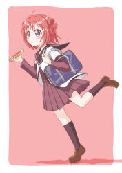  ahoge akanemachiyama akaza_akari bag blush border bread bread_slice brown_footwear double_bun eating female food food_in_mouth full_body hair_bun holding jam kneehighs loafers long_sleeves nanamori_school_uniform open_mouth pink_background purple_eyes red_hair school_bag school_uniform serafuku shoes short_hair skirt smile socks solo standing toast white_border yuru_yuri 