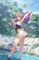  :d armpits arms_up atelier_(series) atelier_resleriana blue_eyes blue_sky braid breasts cloud commentary_request day female hair_ornament hairclip hat highres holding holding_jacket holding_unworn_clothes jacket long_hair looking_at_viewer merchandise_available official_art open_mouth outdoors pink_hat pleated_skirt resna_sternenlicht rock second-party_source skirt sky smile solo standing tree umiu_geso wading water white_skirt 