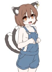  :d animal_ear_fluff animal_ear_piercing animal_ears bare_arms blush breasts brown_eyes brown_hair cat_ears cat_tail chen collarbone cowboy_shot double-parted_bangs earrings female hair_between_eyes hands_up happy jewelry looking_at_viewer multiple_tails naked_overalls nekomata oerba_yun_fang onkn_sxkn open_mouth overalls short_hair sideboob simple_background single_earring skin_fang small_breasts smile solo tail touhou two_tails white_background 