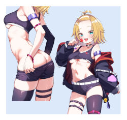  akai_haato akai_haato_(8th_costume) armband ass bandaid bandaid_on_arm bangs_pinned_back bare_shoulders black_jacket black_shorts black_sports_bra black_thighhighs blonde_hair blue_armband blue_background blue_eyes blush border bracelet breasts clothes_pull commentary_request dongchuan fangs female from_side highres hololive jacket jewelry long_sleeves looking_at_viewer medium_breasts multiple_thigh_straps multiple_views navel off_shoulder official_alternate_costume official_alternate_hairstyle open_clothes open_jacket open_mouth puffy_long_sleeves puffy_sleeves pulling_own_clothes short_hair short_shorts shorts shorts_pull single_thighhigh skindentation sports_bra stomach teeth thighhighs thighs tongue tongue_out underboob upper_teeth_only virtual_youtuber white_border 