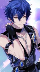  1boy armband black_choker black_gloves blue_hair buttons choker closed_mouth commentary dark_blue_hair earrings ensemble_stars! fingerless_gloves gloves hair_between_eyes hand_up harness headset highres jewelry kwanmaengg looking_at_viewer male_focus official_alternate_costume piercing ring sazanami_jun sleeveless smile solo symbol-only_commentary upper_body yellow_eyes 