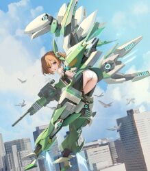  alice_gear_aegis bird brown_hair building commentary_request female green_skirt gun highres holding holding_gun holding_weapon kimikage_yui knife leotard mecha_musume mechanical_arms mechanical_legs open_mouth purple_eyes rifle skirt sniper_rifle solo sunga2usagi thrusters weapon white_leotard 