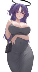  absurdres alternate_costume bag black_bag black_halo blue_archive blue_eyes blue_hair blush breasts cleavage commentary_request covered_navel dongtan_dress dress female grey_dress halo highres large_breasts long_hair looking_at_viewer mechanical_halo meme_attire rianya07 shoulder_bag simple_background solo sweat triangle_hair_ornament two_side_up white_background yuuka_(blue_archive) 