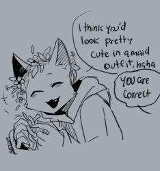  anthro aveloka closed_eyes clothed clothing cute_fangs dialogue digital_drawing_(artwork) digital_media_(artwork) domestic_cat english_text felid feline felis fur grey_background holding_object mammal monochrome open_mouth open_smile simple_background smile speech_bubble talking_to_another text 