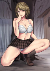  absurdres ashley_graham black_socks blonde_hair bob_cut bow bow_bra bra breasts brown_footwear brown_skirt cleavage closed_mouth commentary_request crotch_seam female frown half-closed_eyes hand_to_own_mouth highres looking_at_viewer medium_breasts microskirt navel no_shirt on_one_knee outdoors panties pantyshot partial_commentary plaid_clothes plaid_skirt pleated_skirt resident_evil resident_evil_4 shoes short_hair skirt socks solo toutou_(user_ujng4425) tree underwear white_bra white_panties 