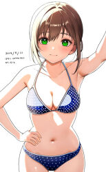  alternate_breast_size bikini blue_bikini breasts brown_hair cleavage commentary_request cowboy_shot dated female fubuki_(kancolle) green_eyes hair_between_eyes hanako_(peanut) hand_on_own_hip highres kantai_collection low_ponytail medium_breasts navel polka_dot polka_dot_bikini sidelocks simple_background smile solo swimsuit translation_request unfinished white_background 