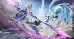  2girls absurdres ass bare_legs blue_eyes blue_hair blue_sky bodysuit boots clothing_cutout coat crop_top doll_joints drill_hair fighting from_behind grey_hair grey_skirt hair_ornament high_heel_boots high_heels highres holding holding_polearm holding_weapon honkai_(series) honkai_impact_3rd jiu_dao_fan_yin joints long_hair mechanical_arms midriff misteln_schariac multicolored_hair multiple_girls pleated_skirt polearm prometheus_(honkai_impact) purple_bodysuit purple_footwear red_eyes robot ruins short_hair side_cutout single_mechanical_arm skirt sky smile streaked_hair thighs twin_drills two-tone_hair weapon white_coat white_hair zettai_ryouiki 