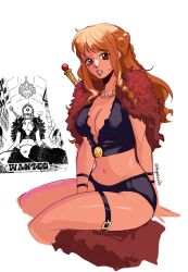  braid braided_sidelock breasts brown_eyes capelet cleavage english_commentary eyelashes female fugoluv3r fur_capelet fur_leg_warmers highres jewelry large_breasts leg_warmers lips long_hair looking_at_viewer midriff nami_(one_piece) navel necklace official_alternate_costume official_art_inset one_piece orange_hair parted_lips reference_inset sidelocks simple_background sitting solo sweatdrop sword sword_on_back thigh_strap thighs twitter_username wavy_hair weapon weapon_on_back yokozuwari 