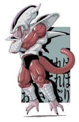  1boy 3rd_form_frieza alien black_nails colored_skin commentary_request crossed_arms dragon_ball dragon_ball_z floating frieza from_below full_body grin highres long_head looking_ahead male_focus muscular muscular_male n_(n14542698) pink_skin red_eyes simple_background smile solo spikes tail white_background 