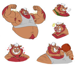  2024 angry anthro arm_hair arm_tuft armpit_hair beard belly belly_hair belly_tuft big_belly big_muscles body_hair boris_(heavyrocksboar) chest_hair chest_tuft cooner ear_piercing eating facial_hair flexing flexing_bicep flexing_both_biceps food hair hi_res male mammal multicolored_hair muscular muscular_anthro muscular_male nipples pecs piercing polartoons red_hair simple_background solo suid suina surprised_expression sus_(pig) symbol tuft tusks wild_boar 