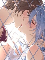  2boys adam&#039;s_apple arm_up bare_shoulders blue_hair blush bottle brown_hair chain-link_fence chinese_commentary closed_eyes commentary_request couple edmond_(nu_carnival) eiden_(nu_carnival) fence french_kiss hair_between_eyes hand_on_another&#039;s_neck highres holding kissing long_hair looking_at_another male_focus multiple_boys nu_carnival profile red_tank_top saliva saliva_trail shirt short_hair tank_top upper_body water_bottle white_background white_tank_top yaoi your_yanjiu 