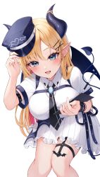  black_hat black_horns black_wings blonde_hair blue_eyes blush breasts car demon_girl demon_horns female garter_straps hat highres holding holding_hat holding_unworn_clothes holding_with_tail hololive horns large_breasts long_hair motor_vehicle multicolored_hair official_alternate_costume pink_hair police police_uniform prehensile_tail shirt simple_background skirt smile solo tail transparent_background two-tone_hair tyabesu uniform virtual_youtuber white_shirt white_skirt wings yuzuki_choco yuzuki_choco_(8th_costume) 