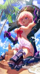  armored_boots armpits beach blue_sky blush boots breasts cloud commentary_request fate/grand_order fate_(series) female gauntlets hair_over_one_eye highres holding holding_shield kusa_kabura large_breasts mash_kyrielight mash_kyrielight_(swimsuit_of_perpetual_summer) open_mouth outdoors palm_tree pink_hair purple_eyes sand sand_castle sand_sculpture shield short_hair sitting sky solo sunlight swimsuit teeth tree upper_teeth_only wariza water 