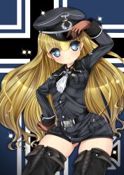  ass_visible_through_thighs blonde_hair blue_eyes blush boots breasts commentary_request daiteikoku female gloves hat highres long_hair looking_at_viewer military_uniform peaked_cap retia_adolf small_breasts smile solo sparkle thigh_boots thighs uniform yuncha 