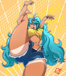  animal_ears anklet aqua_eyes aqua_hair barefoot bikini blue_bikini blue_eyes blush_stickers bracelet brazilian_flag_print brazilian_miku breasts denim denim_shorts earrings eyewear_on_head female from_below hair_between_eyes hatsune_miku highres jersey jewelry leg_grab long_hair looking_at_viewer looking_down medium_breasts multicolored_nails nail_polish navel open_mouth shirt short_shorts shorts simple_background smile split standing standing_on_one_leg standing_split stomach suikabo sunglasses swimsuit tan tanlines teeth toenail_polish toenails toes underboob upper_teeth_only very_long_hair vocaloid yellow_shirt 