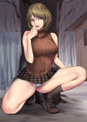  absurdres ashley_graham black_socks blonde_hair bob_cut brown_footwear brown_skirt brown_sweater closed_mouth commentary_request crotch_seam female frown half-closed_eyes hand_to_own_mouth highres looking_at_viewer microskirt on_one_knee outdoors panties pantyshot partial_commentary plaid_clothes plaid_skirt pleated_skirt resident_evil resident_evil_4 shoes short_hair skirt sleeveless sleeveless_sweater socks solo sweater toutou_(user_ujng4425) tree turtleneck turtleneck_sweater underwear white_panties 