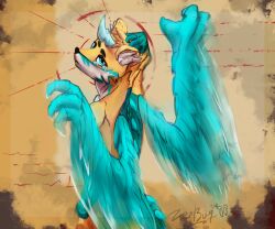  absurd_res anthro bodily_fluids canid canine canis claws dragon fox fur ghost hair hi_res horn hybrid jago_character male mammal mythological_creature mythological_scalie mythology sad scales scalie simple_background solo spirit spread_wings tail tears wings wolf zerbug 