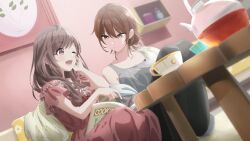  2girls ;d aketa_mikoto aran_sweater black_pantyhose blurry blurry_background book book_on_lap breasts brown_eyes brown_hair cable_knit cleavage closed_mouth collarbone commentary cup dress dutch_angle glass_teapot grey_jacket grey_tank_top hair_bun highres idolmaster idolmaster_shiny_colors indoors jacket large_breasts long_hair looking_at_another loungewear multiple_girls off_shoulder on_floor one_eye_closed open_book open_clothes open_jacket open_mouth pantyhose pantyhose_under_shorts picture_frame pink_dress purple_eyes short_hair short_sleeves shorts single_hair_bun sitting smile split_mouth sweater symbol-only_commentary table takada_(pixiv_97599311) tank_top tea teacup teeth tsukioka_kogane unworn_sweater white_shorts 