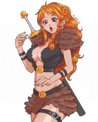  arm_strap belt belt_buckle braided_sidelock breasts brown_eyes buckle capelet cleavage commentary cowboy_shot crop_top earrings female fur_capelet fur_skirt glint highres jewelry large_breasts light_blush long_hair midriff nami_(one_piece) narrow_waist necklace official_alternate_costume one_piece open_mouth orange_hair pearl_earrings sidelocks solo sword sword_on_back therixam thigh_strap wavy_hair weapon weapon_on_back white_background 