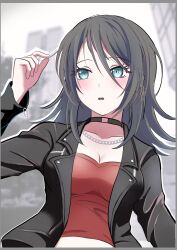  absurdres bang_dream! bang_dream!_it&#039;s_mygo!!!!! black_choker black_hair black_jacket blush border breasts chain_necklace chains choker cleavage commentary_request crop_top cropped_shirt drop_shadow female grey_border hair_between_eyes highres jacket jewelry long_hair long_hair_between_eyes long_sleeves medium_breasts necklace open_mouth red_shirt sandman_(gm4zfijcwbz3g4y) shirt sidelocks solo teeth upper_teeth_only yahata_umiri 