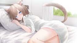  :d animal_ears bed blue_eyes brown_hair cat_ears cat_girl cat_tail commission curtains facial_mark female final_fantasy final_fantasy_xiv grass head_on_pillow kurage_cc looking_at_viewer lying medium_hair miqo&#039;te naked_shirt no_pants oerba_yun_fang on_bed on_side open_mouth pillow see-through_silhouette shirt short_sleeves skeb_commission skin_fang smile tail tears warrior_of_light_(ff14) whisker_markings white_shirt window 