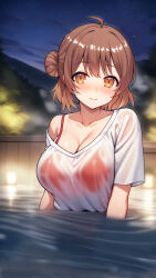  ahoge bikini bikini_under_clothes blush breasts brown_hair cleavage collarbone commentary_request female gakuen_idolmaster hair_bun hanami_ume highres idolmaster kage_ero_yume large_breasts looking_at_viewer onsen partially_submerged red_bikini shirt short_sleeves single_bare_shoulder single_side_bun smile solo swimsuit wet wet_clothes wet_shirt white_shirt wooden_wall 