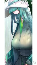  breasts celesteela female gigantic_breasts green_eyes green_hair hat highres japanese_clothes kashu_(hizake) kimono personification pokemon solo 