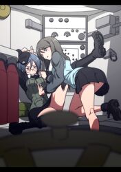  2girls ankle_boots beret black_footwear black_headwear black_jacket black_necktie black_skirt blue_jacket boots breasts brown_eyes cross-laced_footwear dress_shirt emblem girls_und_panzer glasses grey_eyes grey_hair hand_on_another&#039;s_chest hand_on_breasts hat highres imtmcomics jacket japanese_tankery_league_(emblem) keizoku_military_uniform lace-up_boots long_hair long_sleeves mika_(girls_und_panzer) military_hat multiple_girls necktie pencil_skirt pleated_skirt raglan_sleeves rimless_eyewear round_eyewear rumi_(girls_und_panzer) selection_university_military_uniform shirt short_hair skirt tank_interior track_jacket white_shirt yuri 