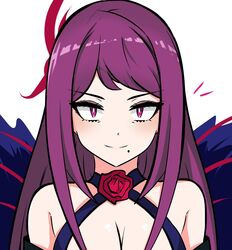  bare_shoulders breasts brooch english_commentary female fire_emblem fire_emblem_engage flower flower_brooch hair_ornament highres ivy_(fire_emblem) jewelry large_breasts long_hair looking_at_viewer mole mole_under_mouth purple_eyes purple_hair red_flower red_rose rose solo tavi_(hosheezus) 