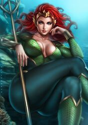  aquaman_(series) artist_name ass black_bodysuit blue_eyes blurry blurry_background blurry_foreground bodysuit bracer breasts breasts_apart cleavage closed_mouth collarbone commentary crossed_legs dandon_fuga dc_comics depth_of_field english_commentary feet_out_of_frame female fingernails floating_hair gold_trim green_bodysuit hand_up headpiece hexagon_print highres large_breasts light_smile lipstick long_fingernails long_hair looking_at_viewer makeup mera_(dc) ocean polearm red_hair red_lips rock solo superhero_costume thick_thighs thighs trident two-tone_bodysuit underwater vambraces variant_set water weapon 