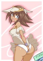  ass bare_shoulders blue_eyes blush bracelet breasts brown_hair card commentary cougar_(cougar1404) dark-skinned_female dark_skin dress egyptian female jewelry long_hair looking_at_viewer mana_(yu-gi-oh!) open_mouth panties solo underwear yu-gi-oh! yu-gi-oh!_duel_monsters 