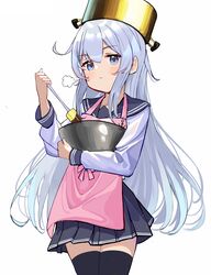  apron aroa_(aroamoyasi) black_thighhighs blue_eyes blush bowl chocolate chocolate_making commentary female food grey_hair hair_between_eyes hair_ornament hibiki_(kancolle) highres kantai_collection long_hair long_sleeves looking_at_viewer neckerchief pink_apron pleated_skirt pot_on_head school_uniform serafuku skirt solo thighhighs 