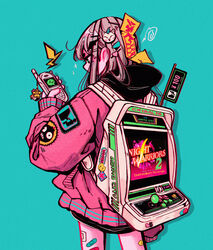  absurdres aqua_background arcade_cabinet astro_city backpack bag bandaid cowboy_shot crisalys female from_behind grey_hair hair_ornament highres holding holding_phone jacket long_hair long_sleeves original phone pink_jacket puffy_long_sleeves puffy_sleeves sega shadow simple_background sleeves_past_wrists smiley_face solo union_jack 