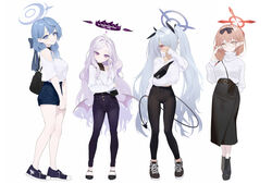  4girls absurdres ahoge ako_(blue_archive) alternate_costume armpit_crease backpack bag belt black_bow black_footwear black_pants black_skirt blonde_hair blue_archive blue_bow blue_eyes blue_footwear blue_hair blush boots bow breasts casual chinatsu_(blue_archive) choker closed_mouth commentary contrapposto covered_navel covering_own_mouth demon_tail demon_wings denim denim_shorts fanny_pack flat_chest flats forehead full_body glasses hair_intakes hair_over_one_eye hairband hairbow halo halterneck handbag high-waist_pants highres hina_(blue_archive) hood hoodie iori_(blue_archive) jeans large_breasts light_frown light_purple_hair light_smile lineup long_hair long_skirt looking_at_viewer medium_hair multiple_girls no_horns off_shoulder pants parted_bangs pointy_ears prefect_team_(blue_archive) purple_eyes red_eyes shirt shoes shorts shou_xun_bu_liang shoulder_bag simple_background skirt sleeves_past_wrists small_breasts sneakers standing sweater tail thigh_gap turtleneck turtleneck_sweater twintails very_long_hair wavy_hair white_background white_hair white_hoodie white_shirt white_sweater wings yellow_eyes yoga_pants 