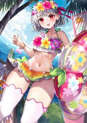  absurdres bare_shoulders beach bikini bird blue_sky blush breasts collarbone fate/grand_order fate_(series) female flower_wreath green_bikini hair_ribbon head_wreath highres innertube kama_(fate) kama_(swimsuit_avenger)_(fate) kama_(swimsuit_avenger)_(first_ascension)_(fate) looking_at_viewer miniskirt misaki346 navel outdoors palm_tree parakeet rainbow_skirt red_eyes revision ribbon short_hair skirt sky small_breasts smile solo swim_ring swimsuit thighhighs thighs tree white_hair white_thighhighs 