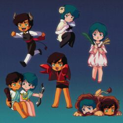  1980s_(style) 2boys :d animal_costume animal_ears aries_(zodiac) arm_around_waist arrow_(projectile) barefoot bell black_shorts black_vest blue_background blue_eyes blue_hair blush bow_(weapon) brown_footwear brown_hair cancer_(zodiac) capelet chibi closed_mouth collared_shirt cow_boy cow_horns cow_tail cowbell crab_claw curled_horns dark-skinned_male dark_skin dress fangs film_grain full_body fur-trimmed_capelet fur_trim gemini_(zodiac) gradient_background green_eyes gundam gundam_zz hasemil horns hugging_object judau_ashta kamille_bidan knees_apart_feet_together knees_together_feet_apart legs_together leo_(zodiac) lion lion_costume lion_ears lion_tail looking_at_another looking_at_viewer lyre male_focus multiple_boys multiple_views neck_bell open_mouth pillow pillow_hug red_footwear red_sash retro_artstyle robe sandals sash sheep_boy sheep_horns shirt shoes short_hair short_sleeves shorts sitting smile standing tail taurus_(zodiac) thick_eyebrows toga vest virgo_(zodiac) weapon wheat white_dress white_robe white_shirt wide_sleeves yaoi yellow_capelet zeta_gundam zodiac 