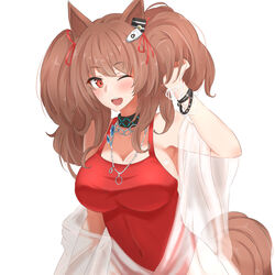  ;d angelina_(arknights) angelina_(summer_flower)_(arknights) animal_ears arknights black_choker breasts brown_eyes brown_hair casual_one-piece_swimsuit choker cleavage covered_navel female fox_ears hand_up highres infection_monitor_(arknights) jewelry large_breasts long_hair looking_at_viewer maiq06 necklace off_shoulder official_alternate_costume one-piece_swimsuit one_eye_closed open_clothes open_mouth red_one-piece_swimsuit see-through sidelocks simple_background smile solo swimsuit swimsuit_cover-up twintails upper_body white_background wristband 