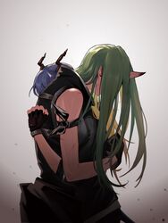  2girls arknights arm_scarf bare_shoulders blue_hair ch&#039;en_(arknights) clothes_around_waist commentary_request dragon_horns fingerless_gloves from_side gloves green_hair highres holding_person horns hoshiguma_(arknights) hug jacket jacket_around_waist long_hair multiple_girls pointy_ears scar shirt shirt_around_waist single_horn skin-covered_horns sleeveless sleeveless_shirt ting_(machi_nakahara) 