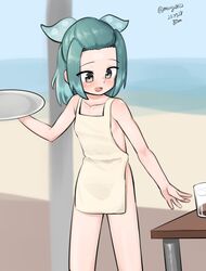  absurdres apron aqua_ribbon beach bikini feet_out_of_frame female forehead glass gradient_hair green_eyes green_hair hair_ribbon half_updo highres horizon kantai_collection maru_(marg0613) medium_hair multicolored_hair naked_apron ocean one-hour_drawing_challenge polka_dot polka_dot_ribbon ribbon solo string_bikini suzunami_(kancolle) swimsuit table tray white_apron 