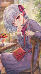  bag blueberry blush breasts chair commentary_request contemporary dress duplicate earrings fate/grand_order fate_(series) female floral_print food fruit grey_hair hair_ribbon head_tilt highres ice_cream jewelry kama_(fate) kama_(first_ascension)_(fate) long_sleeves looking_at_viewer lotus_print mint neck_ribbon open_mouth parted_lips pink_ribbon pixel-perfect_duplicate plant potted_plant purple_dress raspberry ribbon shelf short_hair shoulder_bag sitting small_breasts solo strawberry sundae table torino_aqua whipped_cream window 