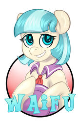  blue_eyes blue_hair circle clothing coco_pommel_(mlp) equid equine female friendship_is_magic hair hasbro hat headgear headwear heart_eyes heart_symbol hi_res hobbes_maxwell holding_object horse mammal my_little_pony pony shirt_collar simple_background solo white_background 