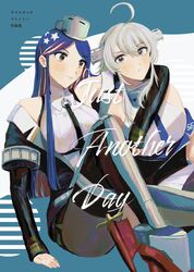  2girls :&lt; ahoge arm_around_shoulder black_necktie black_pantyhose black_shorts blue_hair blue_necktie boots breasts character_name closed_mouth cover cover_page doujin_cover grey_eyes grey_hair hair_between_eyes headgear highres kantai_collection large_breasts long_hair multicolored_hair multiple_girls necktie nidou orange_eyes pantyhose red_hair rudder_footwear short_shorts shorts simple_background sitting south_dakota_(kancolle) star_(symbol) thigh_boots washington_(kancolle) white_hair 