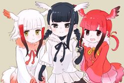  3girls bird_girl bird_tail bird_wings black-headed_ibis_(kemono_friends) black_eyes black_gloves black_hair black_ribbon blush braid commentary_request elbow_gloves frilled_sleeves frills fur_collar girl_sandwich gloves head_wings holding_hands japanese_crested_ibis_(kemono_friends) kemono_friends korean_commentary long_hair multicolored_hair multiple_girls neck_ribbon orange_ribbon pink_skirt pleated_skirt red_hair red_ribbon red_skirt ribbon san_sami sandwiched scarlet_ibis_(kemono_friends) short_hair short_twintails sidelocks skirt tail twin_braids twintails white_hair white_skirt wings yellow_eyes 