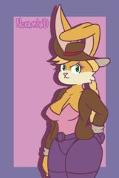  2:3 absurd_res anthro archie_comics ass belt big_breasts big_butt breasts bunnie_rabbot clothed clothing cybernetics cyborg female hair hat headgear headwear hi_res jacket lagomorph leporid machine mammal nokamiwd rabbit robotic_arm robotic_leg sega simple_background solo sonic_the_hedgehog_(archie) sonic_the_hedgehog_(comics) sonic_the_hedgehog_(series) thick_thighs topwear 