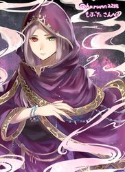  collarbone dress female fire_emblem fire_emblem:_the_binding_blade green_eyes haru_(nakajou-28) heterochromia idunn_(fire_emblem) jewelry light_purple_hair long_hair long_sleeves purple_background purple_eyes robe solo twitter_username 