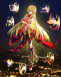  absurdres armor blonde_hair blurry blurry_background bodypaint book box breasts character_name circlet cleavage crossed_arms earrings fate/grand_order fate_(series) faulds female floating forehead_jewel full_body game_console gate_of_babylon_(fate) genderswap_(mtf) gilgamesh_(fate) gold_armor gun hair_between_eyes hair_censor hair_over_breasts highres jewelry long_hair looking_at_viewer navel necklace no_shoes plantar_flexion playstation_5 pornography red_eyes rule_63 saint_quartz_(fate) shin_guards smile solo stellated_octahedron stirrup_legwear sword toeless_legwear toned topless ushas very_long_hair weapon 