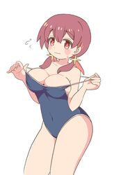  bad_id bad_pixiv_id bare_arms bare_shoulders blue_one-piece_swimsuit blush_stickers breasts bright_pupils cleavage clothes_pull commentary competition_school_swimsuit cowboy_shot female flying_sweatdrops large_breasts looking_at_viewer low_twintails medium_hair murosaki_miyo one-piece_swimsuit one-piece_swimsuit_pull onii-chan_wa_oshimai! pon_sugar pulling_own_clothes red_eyes red_hair school_swimsuit simple_background solo sweatdrop swimsuit tareme twintails w_arms white_background 