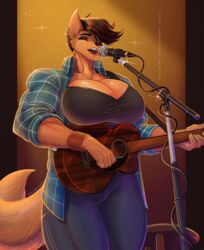  acoustic_guitar anthro big_breasts biped bracelet breasts brown_hair canid canine canis cleavage closed_eyes clothed clothing electronics female female_anthro guitar hair hi_res jewelry mammal microphone microphone_stand microphone_wire musical_instrument open_clothing open_shirt open_topwear plucked_string_instrument shirt solo sparkles string_instrument topwear wmdiscovery93 wolf 