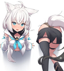  @_@ ahoge animal_ear_fluff animal_ears ass ass_focus black_footwear black_panties black_shorts black_thighhighs blue_neckerchief blush boots braid breasts commentary_request crack cracked_wall crossed_bangs detached_sleeves eru_(l_illust45) female fox_ears fox_girl fox_tail front_slit hair_between_eyes highres hololive hood hooded_vest hoodie long_hair looking_at_viewer medium_breasts navel neckerchief panties partially_undressed pentagram restrained shirakami_fubuki shirakami_fubuki_(1st_costume) short_shorts shorts side_braid simple_background single_braid single_thighhigh solo stationary_restraints stuck tail tail_through_clothes thigh_strap thighhighs through_wall underwear vest virtual_youtuber white_background white_hair white_vest wide_sleeves 